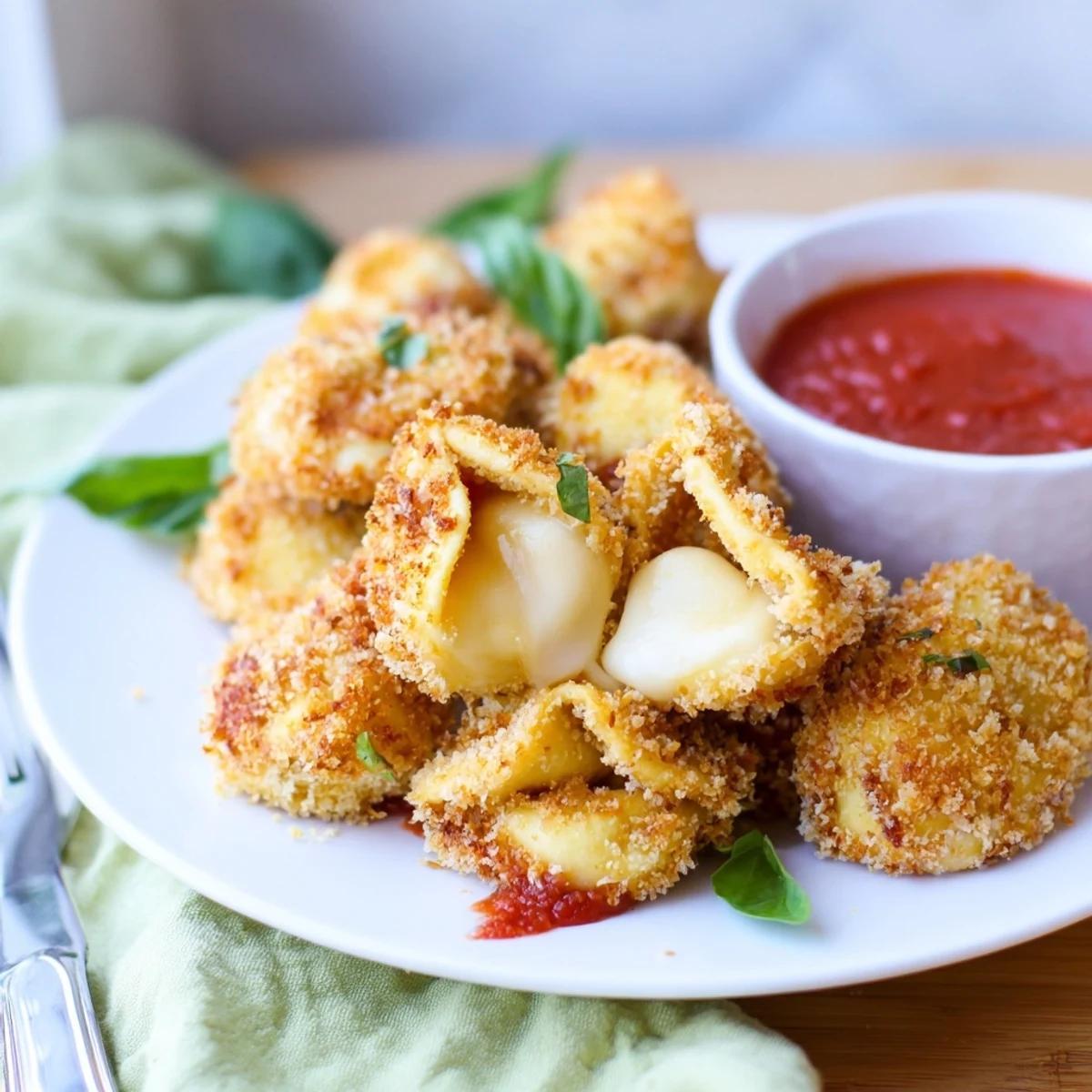 Crispy cheese stuffed tortellini arranged on white plate after air frying until perfectly golden brown