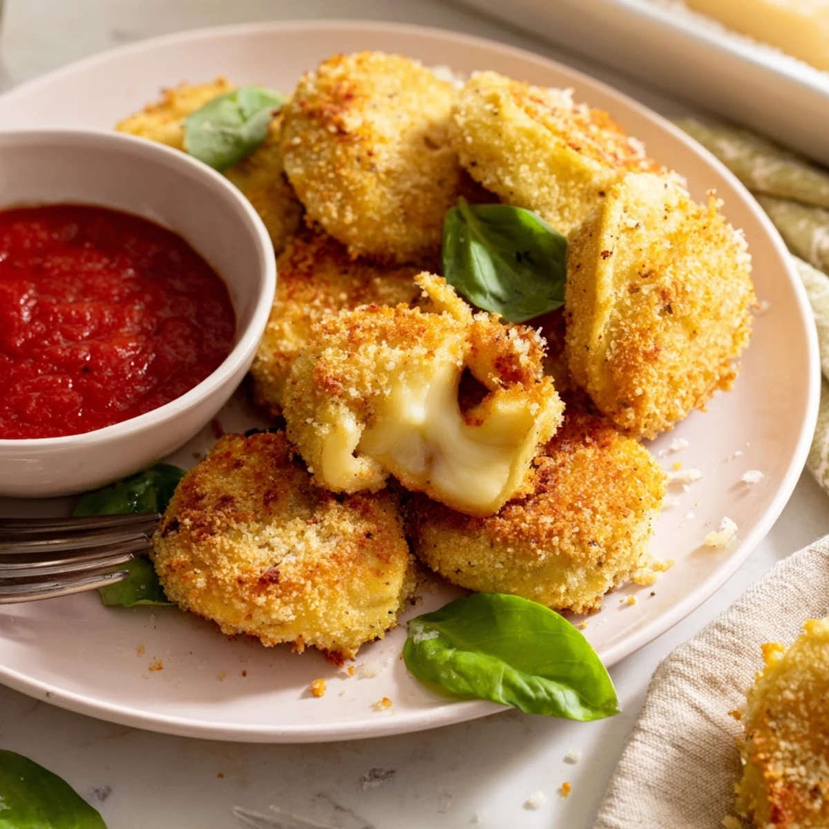 Italian appetizer featuring breaded tortellini air fried to crunchy perfection with red sauce and fresh basil garnish