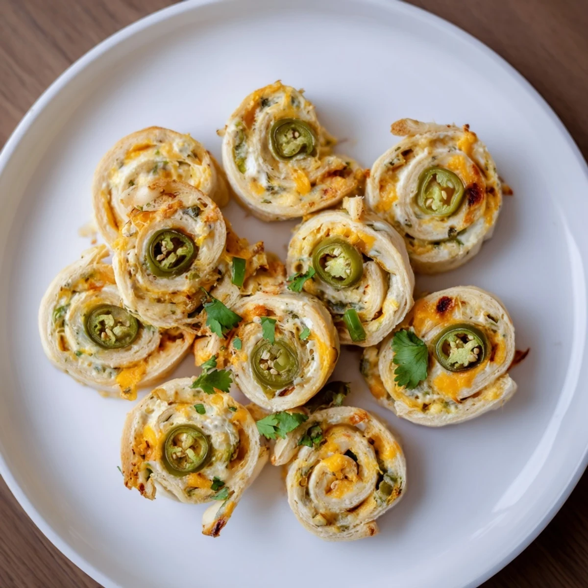 Golden brown easy jalapeno popper pinwheels with melted cheese and visible jalapeño bits on a white baking sheet