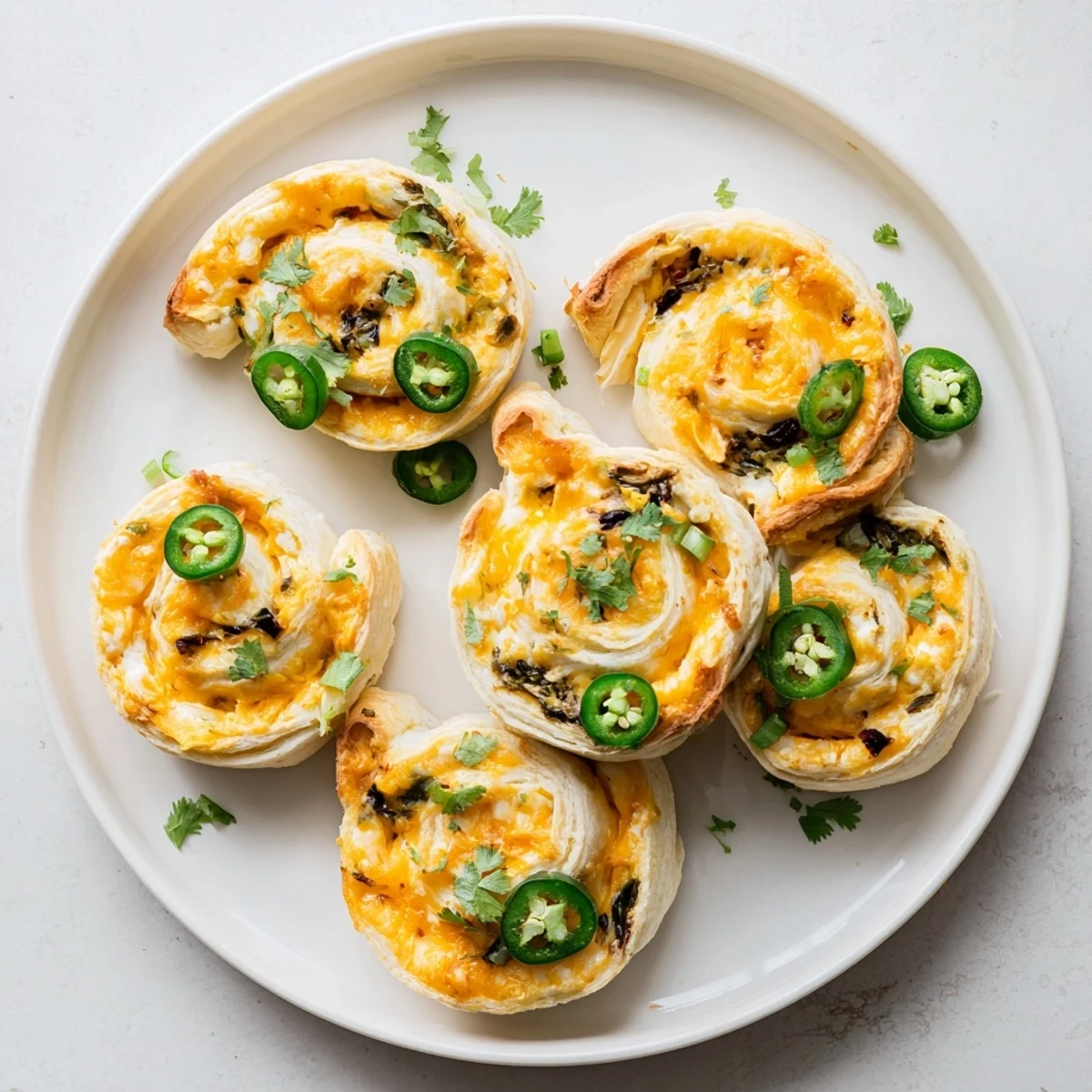 Close-up spiral view of easy jalapeno popper pinwheels showing creamy cheddar filling studded with chopped green jalapeños