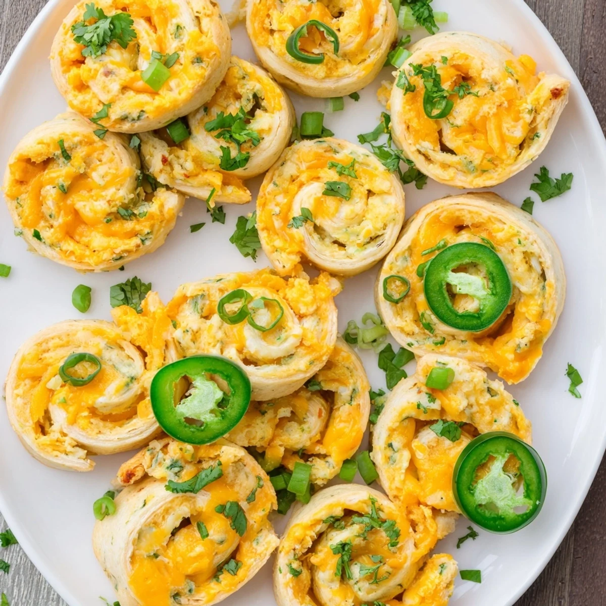 Plate of warm easy jalapeno popper pinwheels arranged in a circular pattern, garnished with fresh green cilantro