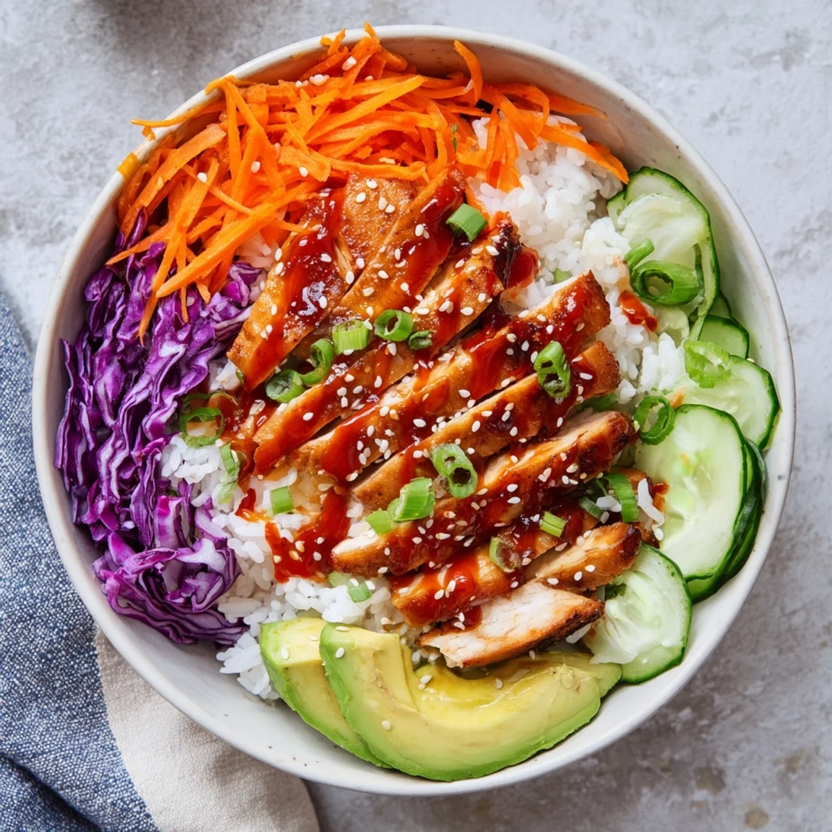 Vibrant Korean BBQ chicken bowl featuring juicy thighs over fluffy rice with fresh cucumber and carrots