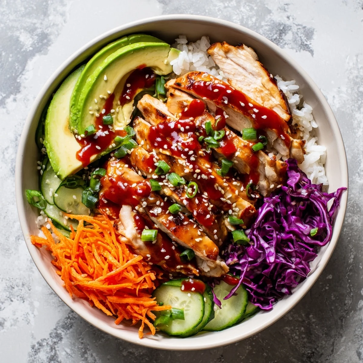 Sliced Korean BBQ chicken thighs arranged in a bowl with purple cabbage avocado and creamy sauce