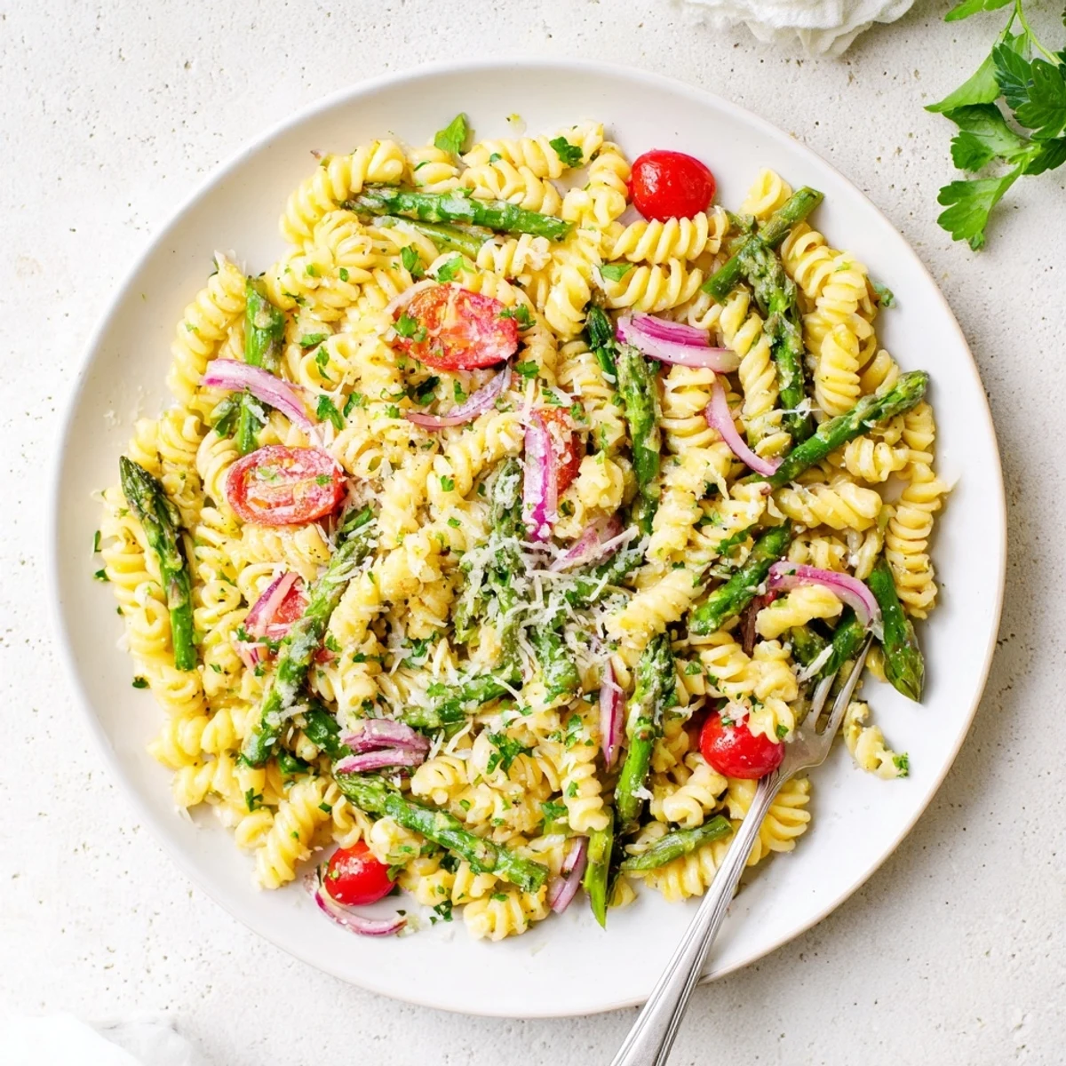 Golden lemon asparagus pasta salad tossed with cherry tomatoes and fresh parsley in a light citrus dressing