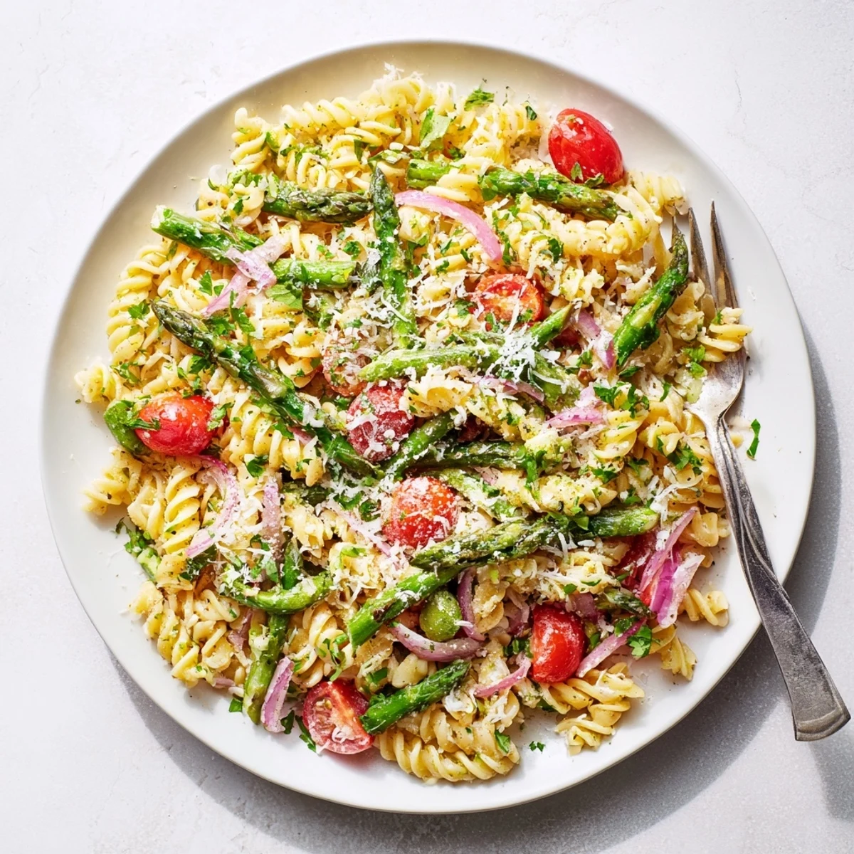 Bowl of zesty lemon asparagus pasta salad featuring tender asparagus spears, red onion, and parmesan garnish on a white table