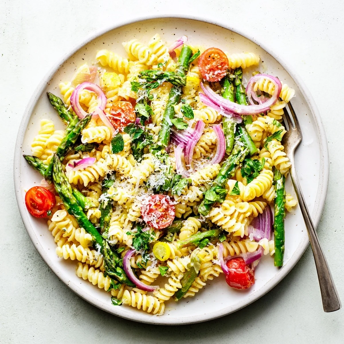 Refreshing lemon asparagus pasta salad with bright green asparagus, halved cherry tomatoes, and herbs for summer potlucks