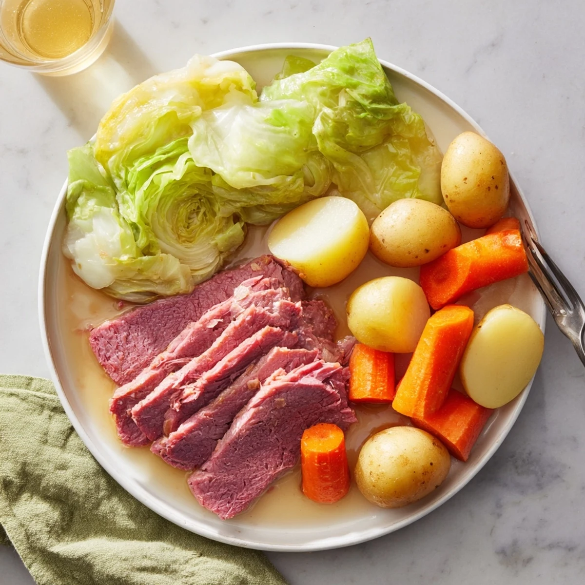 Slow cooker corned beef and cabbage with tender vegetables in a rich broth