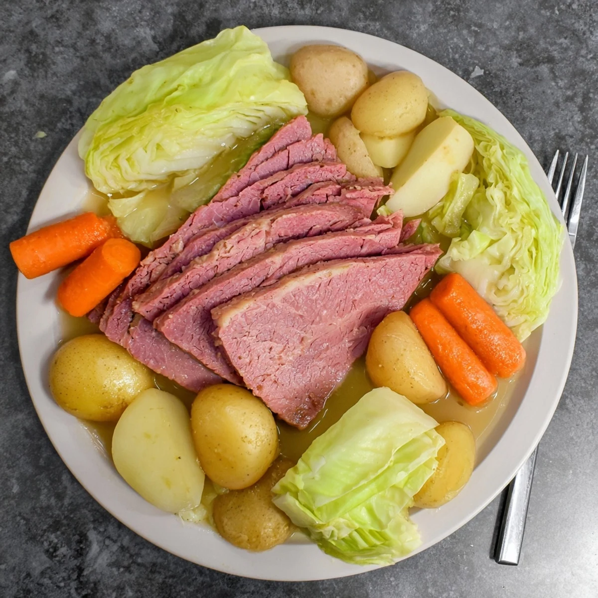 Comforting Irish-American corned beef and cabbage plated with golden potatoes and fresh herbs