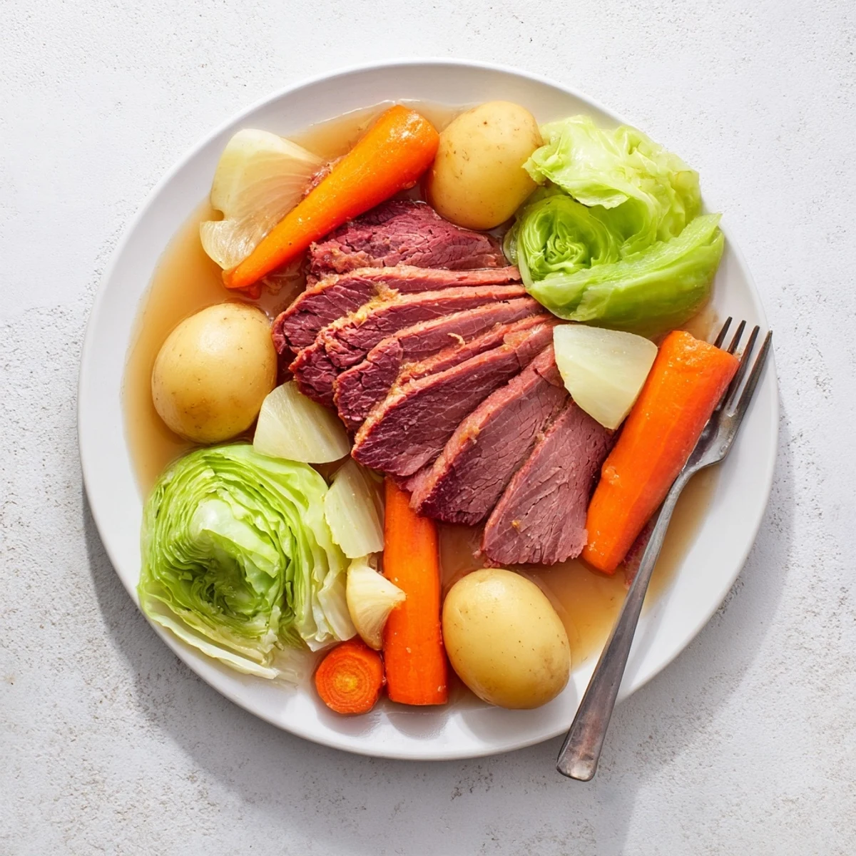 Fork-tender corned beef brisket served alongside roasted carrots and potatoes from the slow cooker