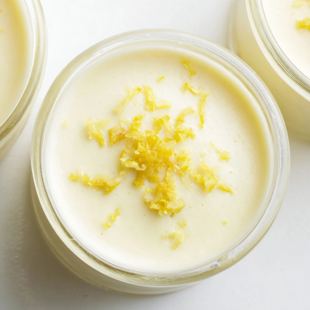 Silky lemon posset set in individual glasses topped with fresh lemon zest garnish