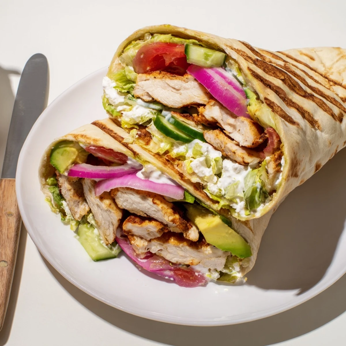 Golden crispy cottage cheese flatbread wrapped around spiced grilled chicken with fresh lettuce, tomato, and creamy avocado slices