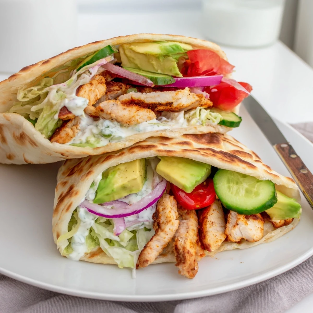Protein-packed cottage cheese flatbread chicken wrap stuffed with vibrant vegetables and Greek yogurt for a satisfying healthy lunch