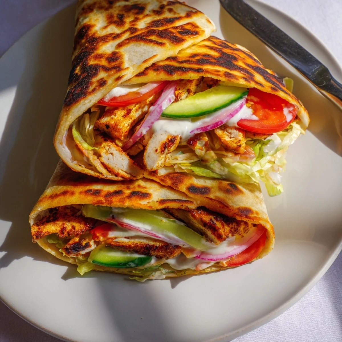 Close-up of crispy cottage cheese flatbread filled with juicy seasoned chicken strips, crisp cucumber, and ripe avocado