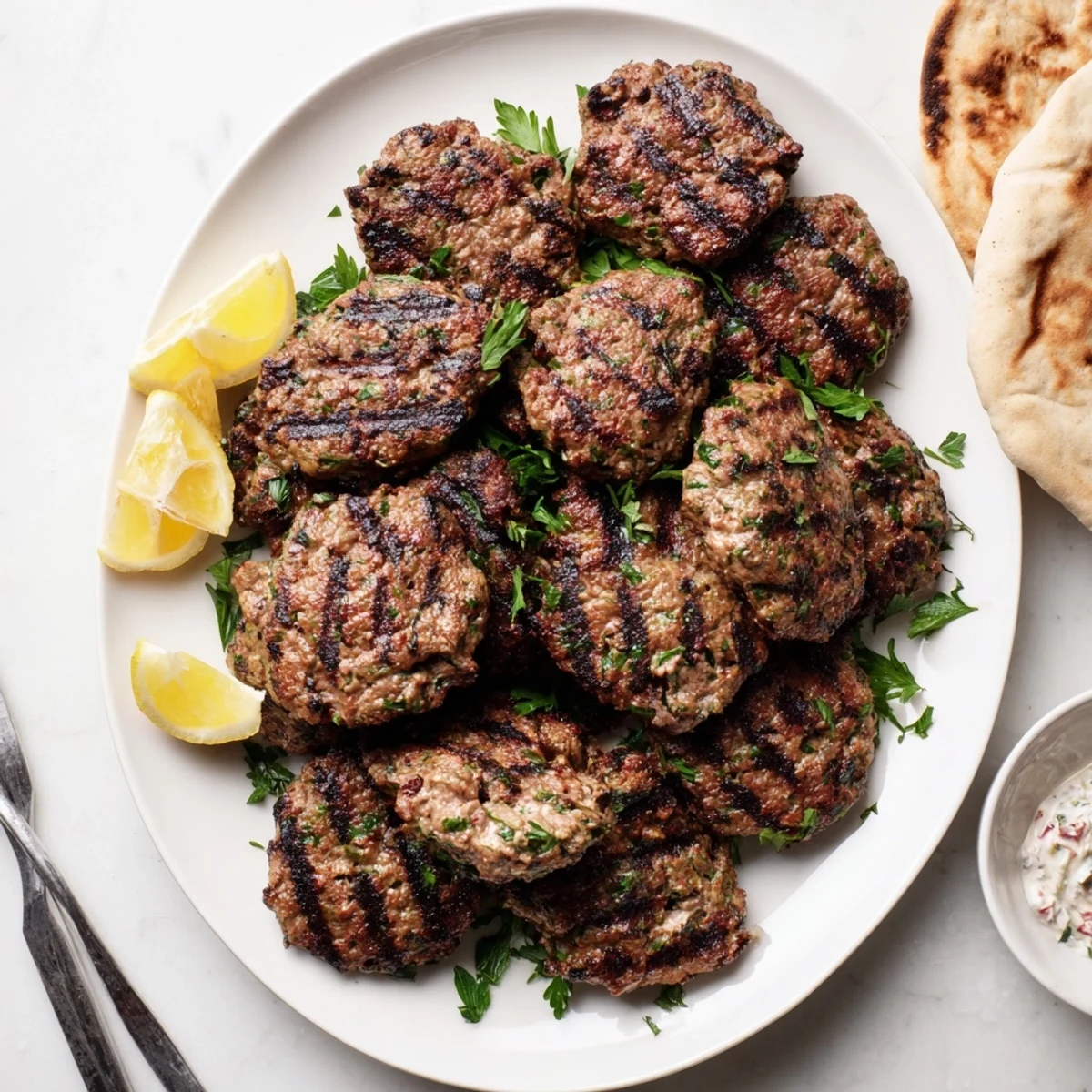 Juicy Lebanese kafta skewers sizzling on the grill with charred edges and tender meat