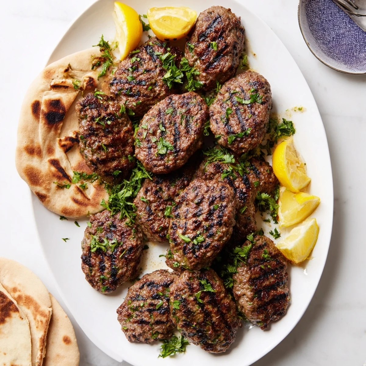 Golden grilled Lebanese kafta kebabs seasoned with aromatic spices and fresh herbs
