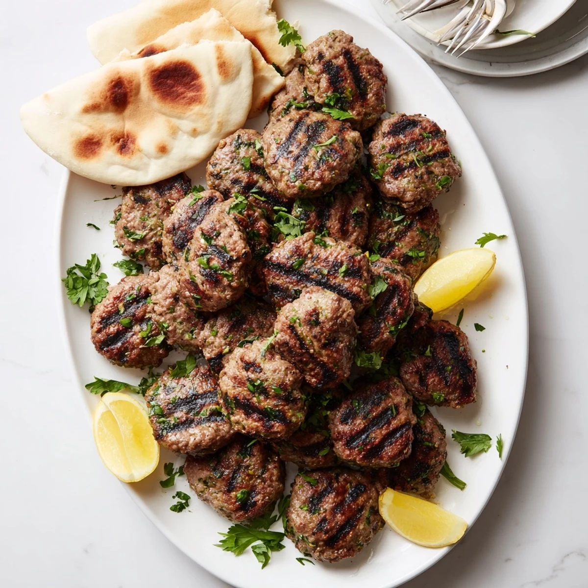 Easy Lebanese kafta recipe served warm with pita bread, lemon wedges, and tahini sauce