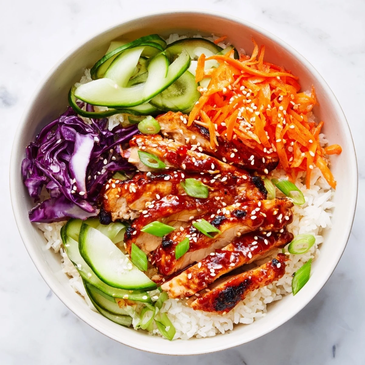 Juicy marinated chicken slices arranged over steaming rice with purple cabbage and sesame seed garnish