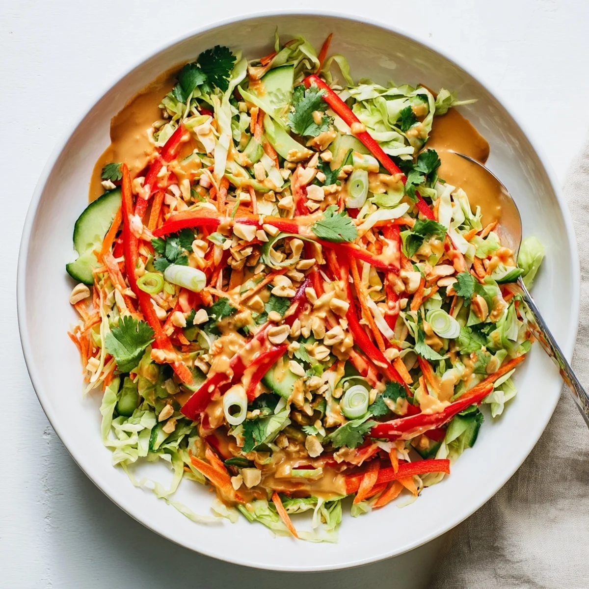 Vibrant Thai-style salad bowl tossed with rich peanut dressing and garnished with chopped peanuts