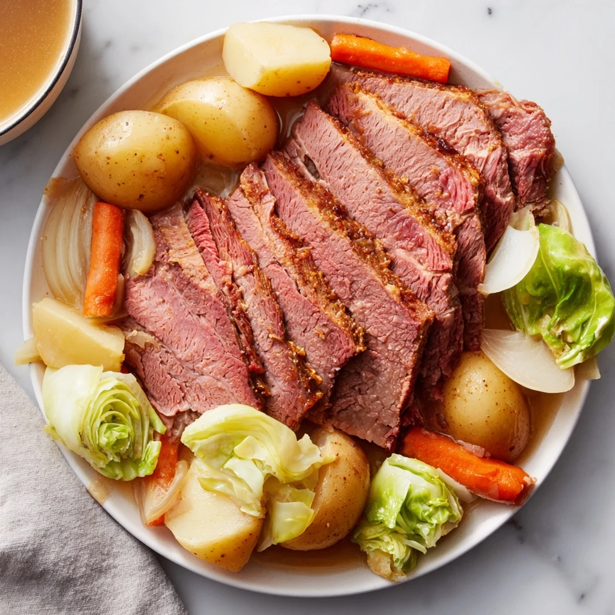 Tender slow cooker corned beef with cabbage wedges, carrots, and golden potatoes in a rich broth