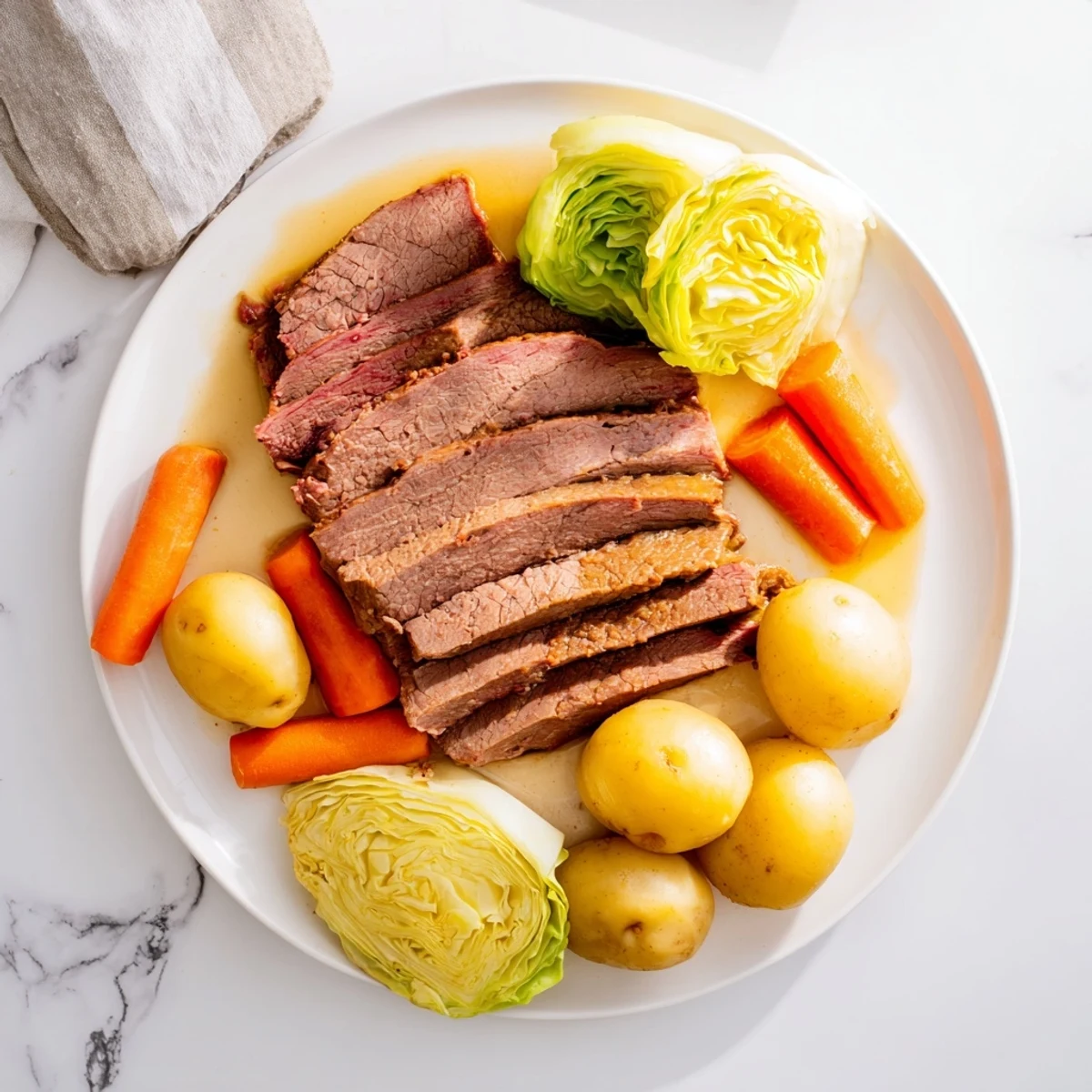 Sliced corned beef brisket served alongside hearty vegetables in this comforting Irish-American slow cooker meal