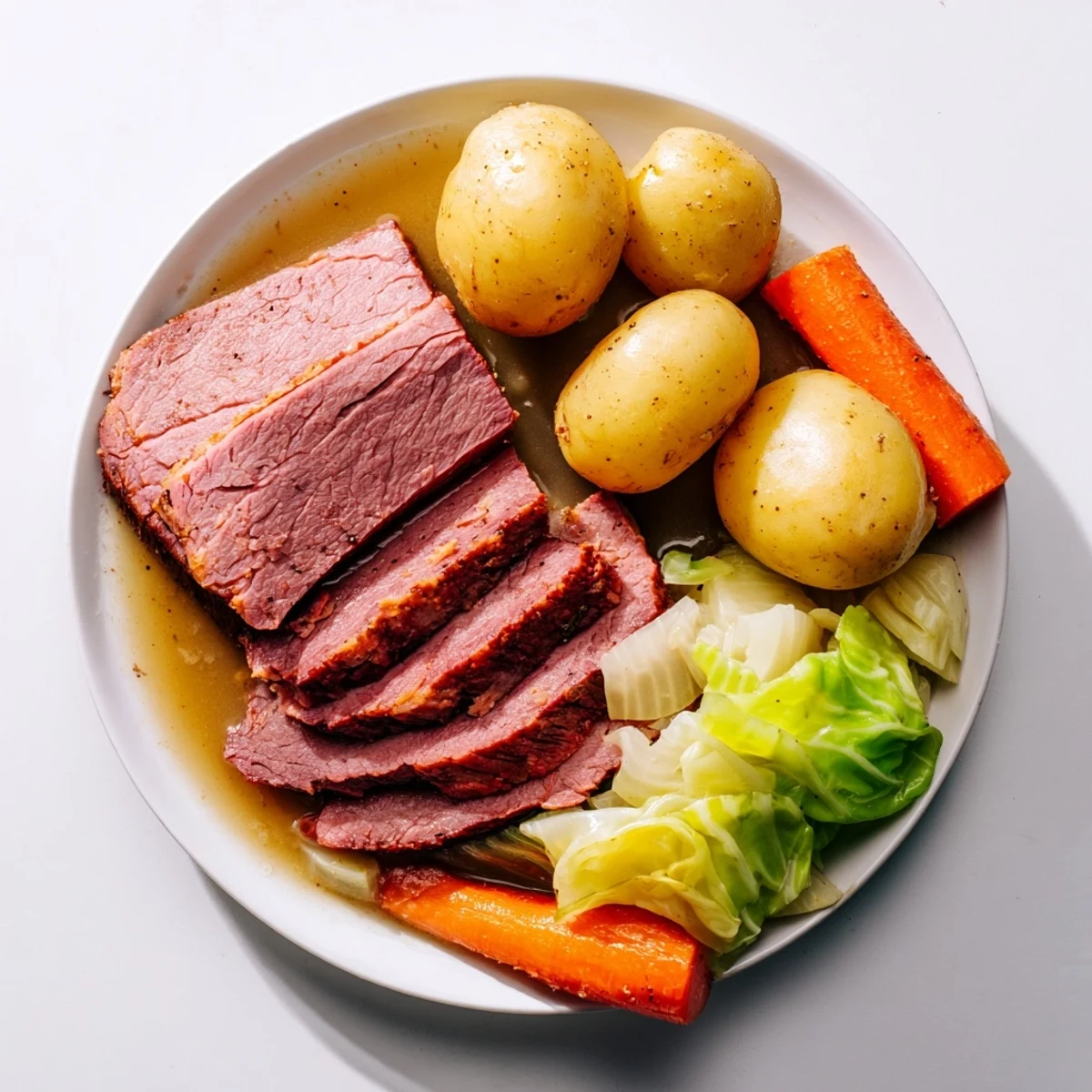 Golden corned beef and cabbage recipe with tender root vegetables, garnished with fresh herbs on a serving platter