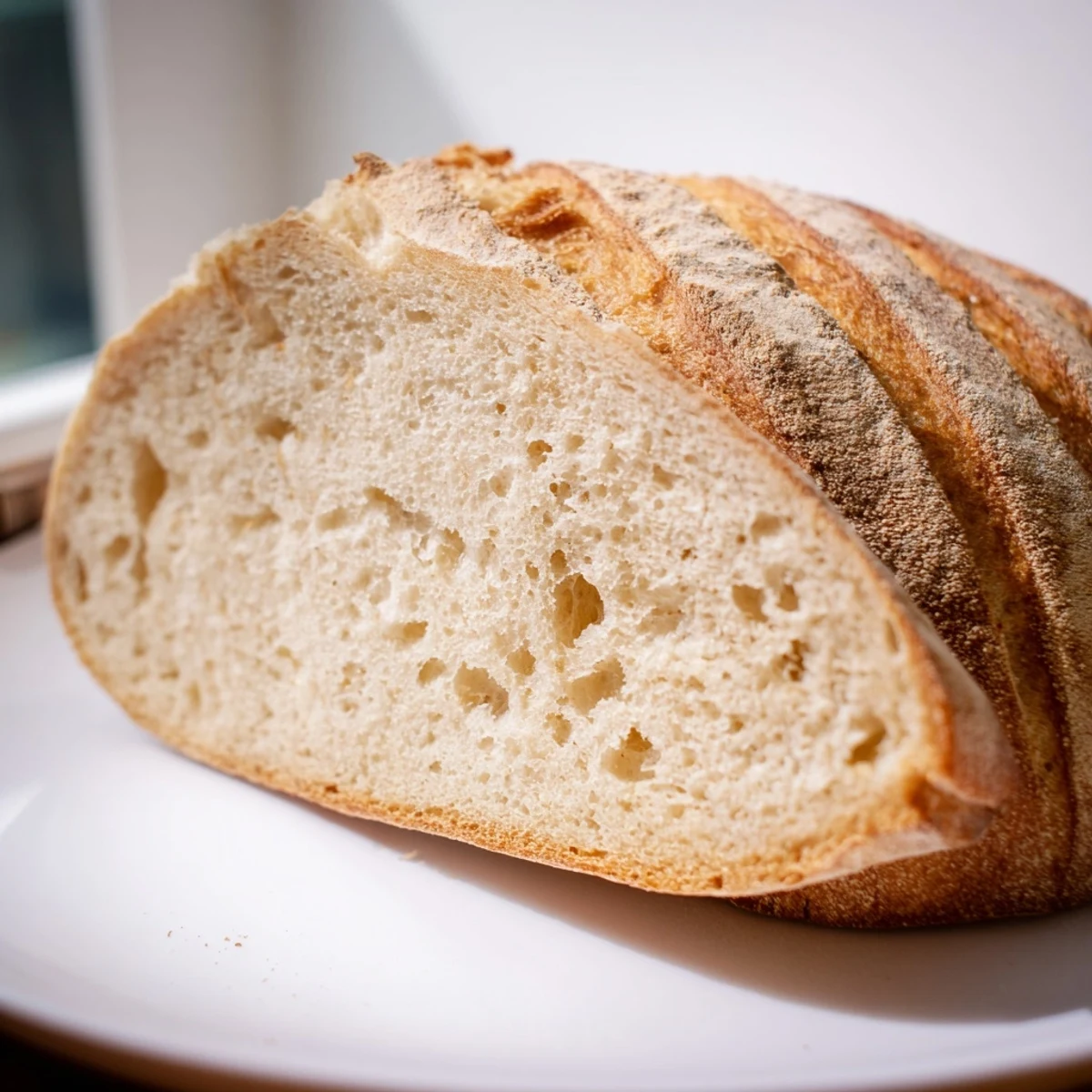 Golden crusty Italian bread loaf with chewy interior on wooden cutting board