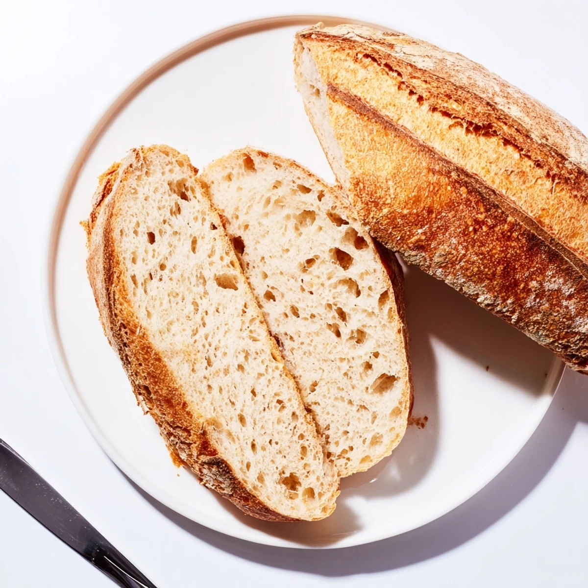 Freshly baked crusty Italian bread scored with deep slashes on parchment paper