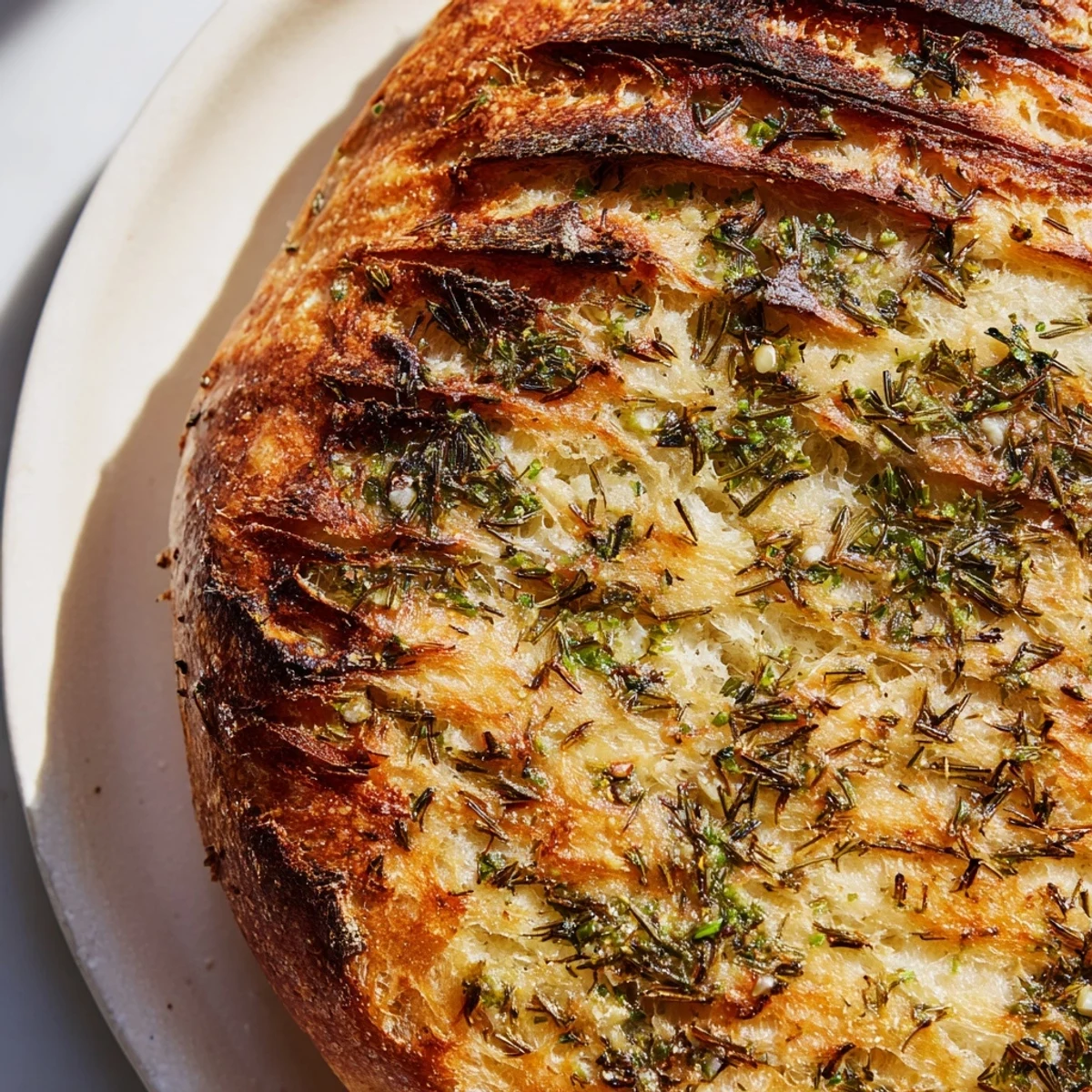 Golden brown garlic herb Dutch oven bread with a crisp crust and soft interior