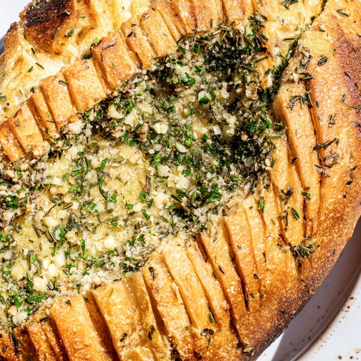 Rustic artisan garlic herb Dutch oven bread loaf brushed with melted butter and fresh parsley