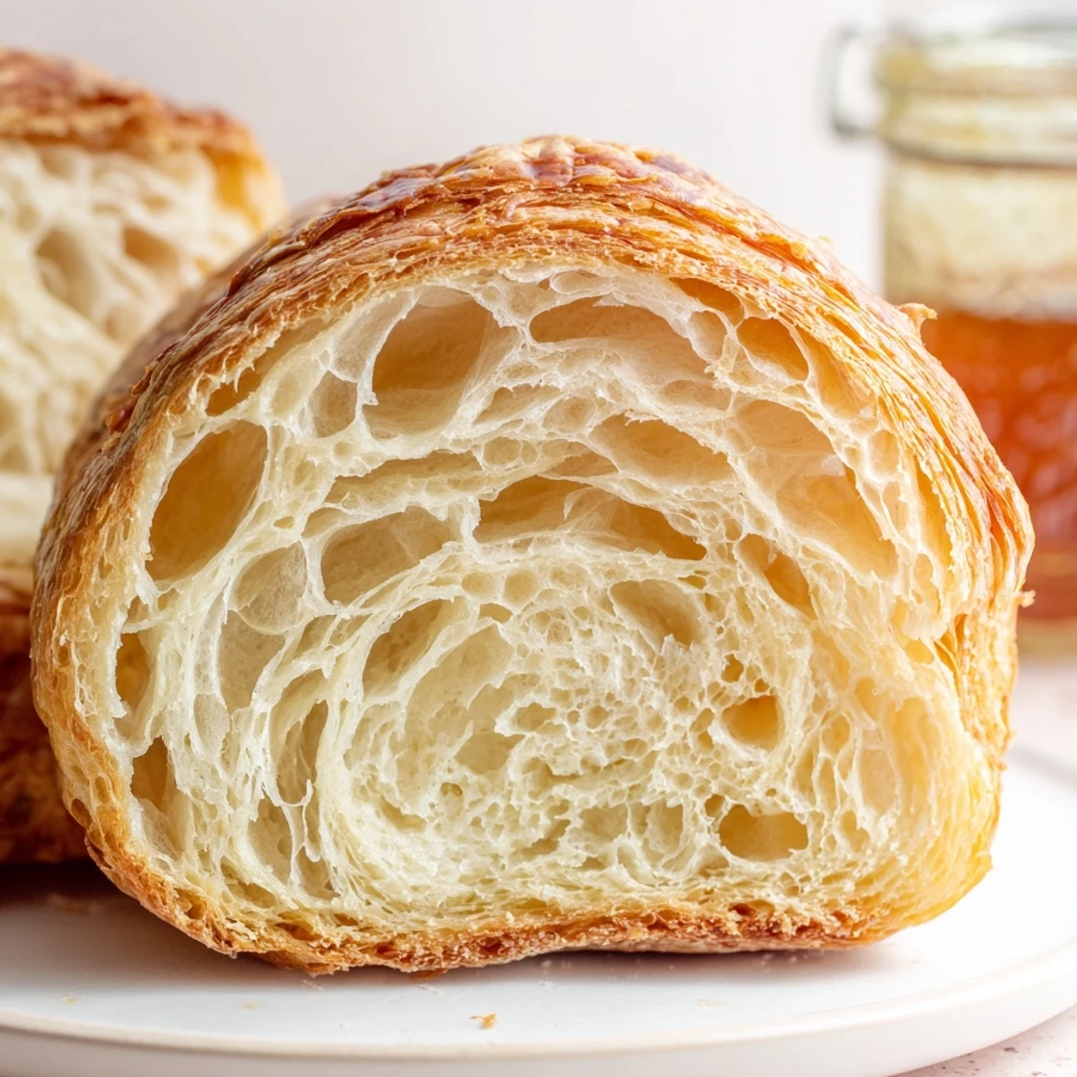 Golden homemade croissant bread loaf with flaky buttery layers and glossy egg wash finish