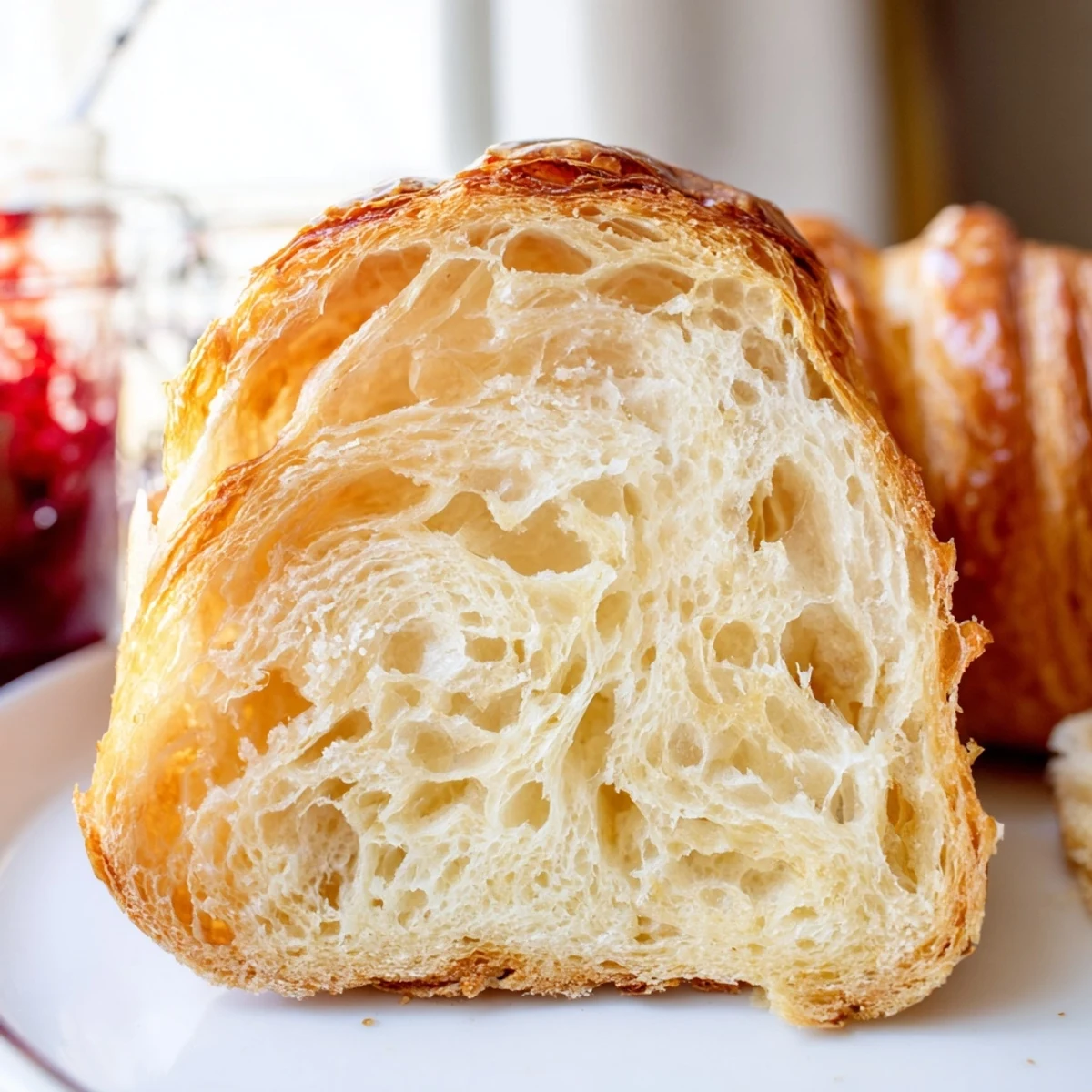 Sliced homemade croissant bread revealing tender honeycomb layers perfect for breakfast toast or jam