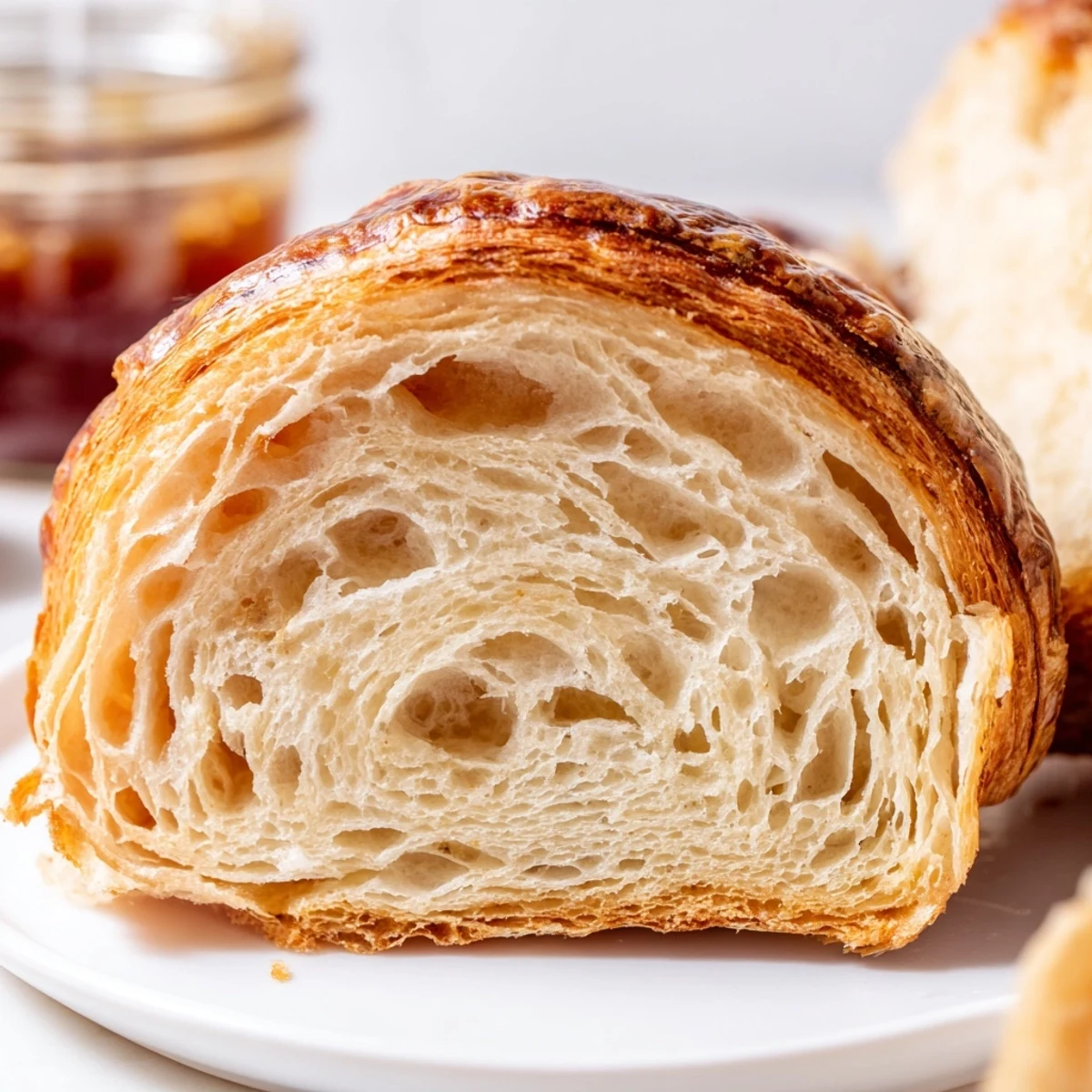 Warm oven-baked homemade croissant bread cooling on wire rack with golden brown crust