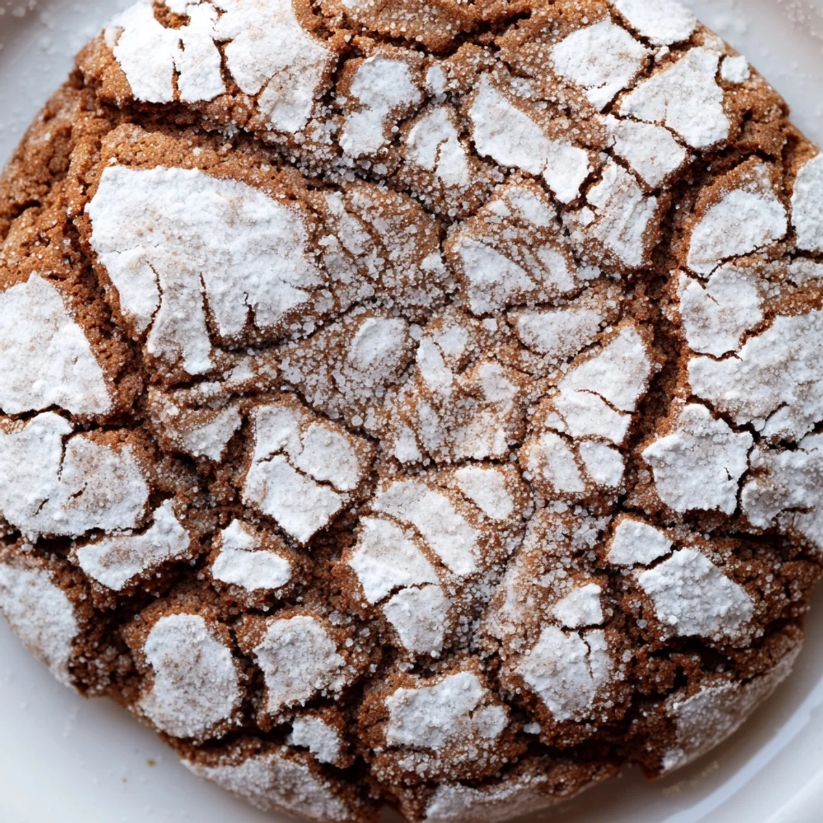Soft gingerbread crinkle cookies dusted with powdered sugar on a white plate