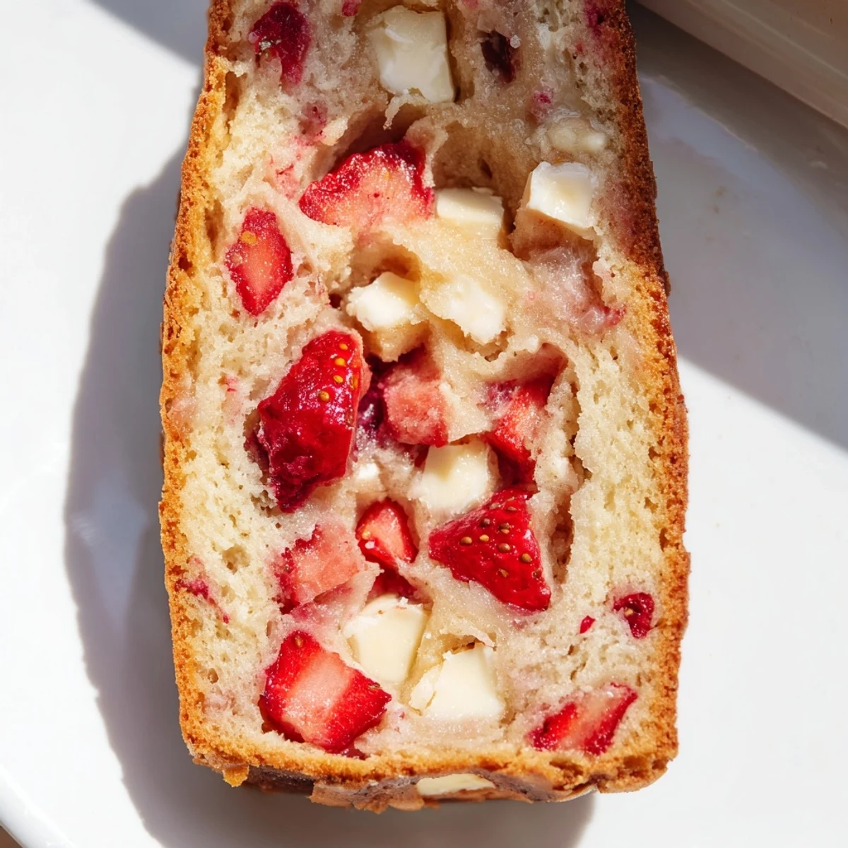 Golden brown sourdough white chocolate chips strawberry bread loaf fresh from the oven