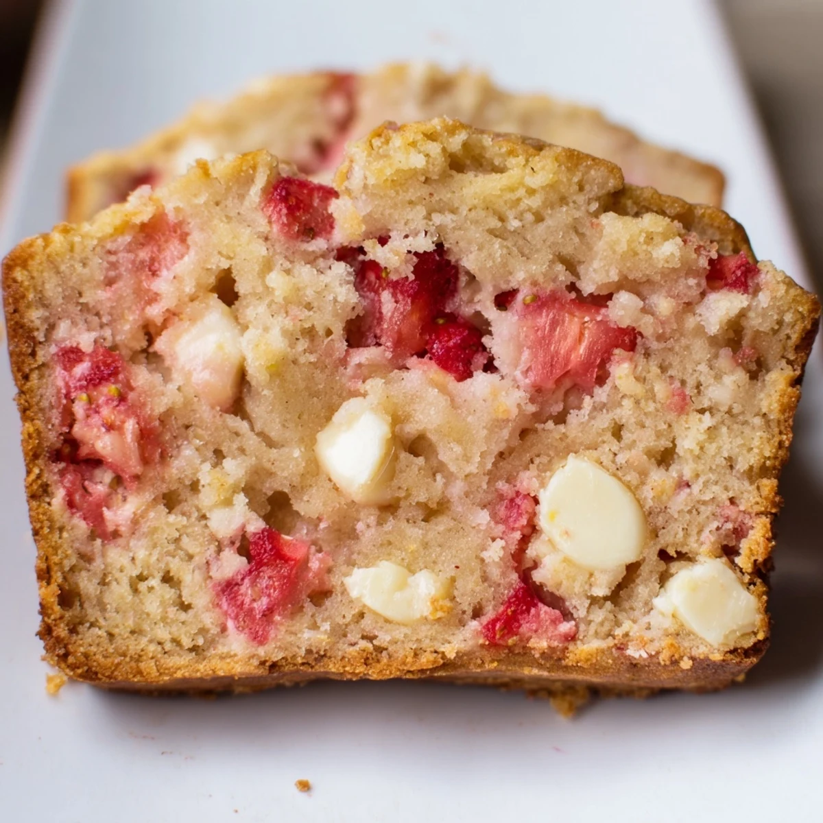 Sliced sourdough white chocolate chips strawberry bread revealing juicy red berries and creamy white chocolate chunks