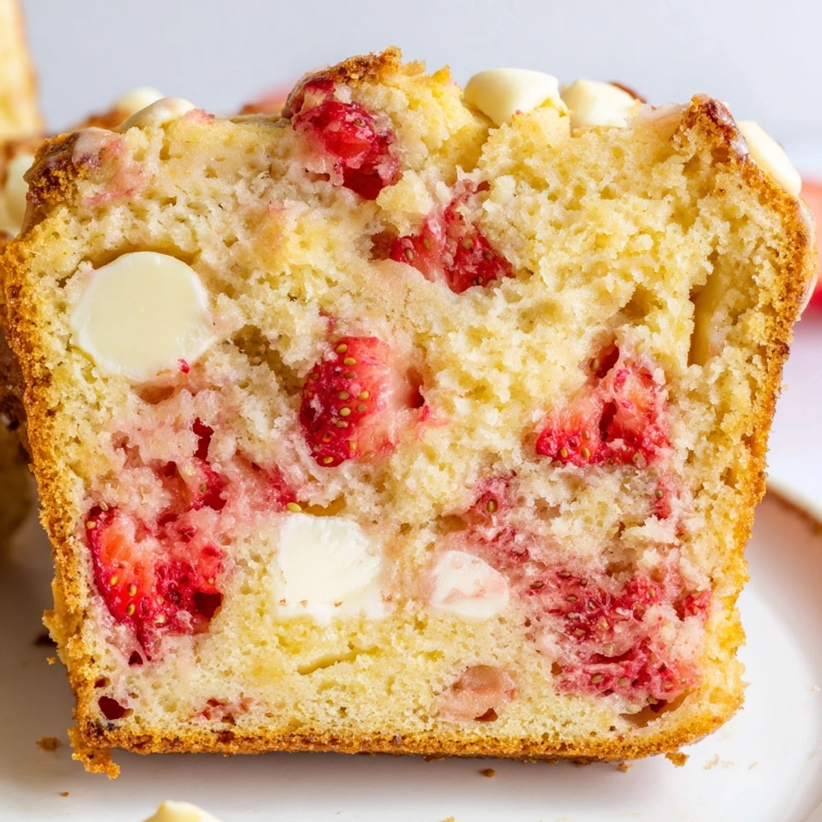 Delicious sourdough white chocolate chips strawberry bread served on a wooden board with scattered fresh strawberries