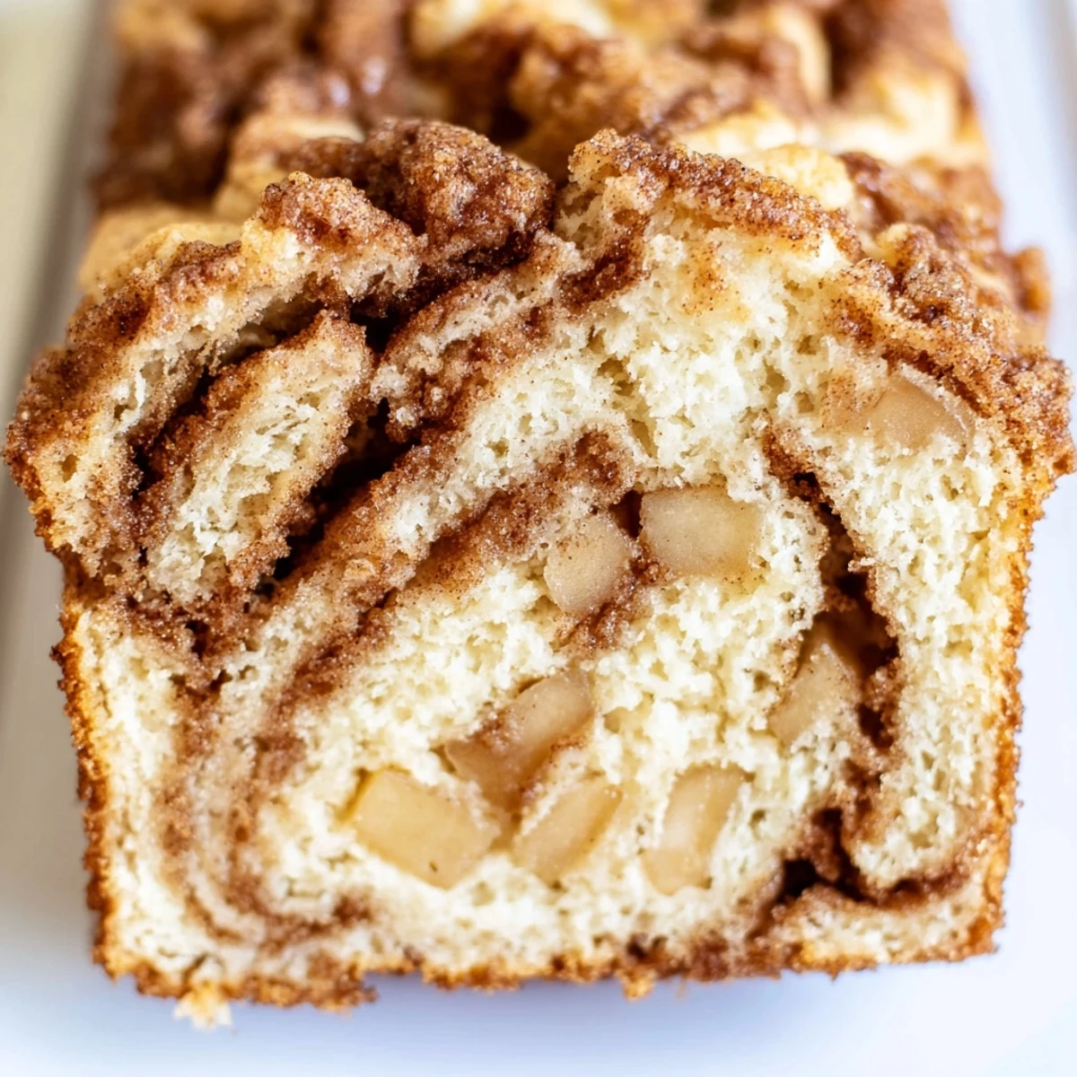 Golden cinnamon apple bread loaf with visible apple chunks and swirled cinnamon sugar topping on a wooden board