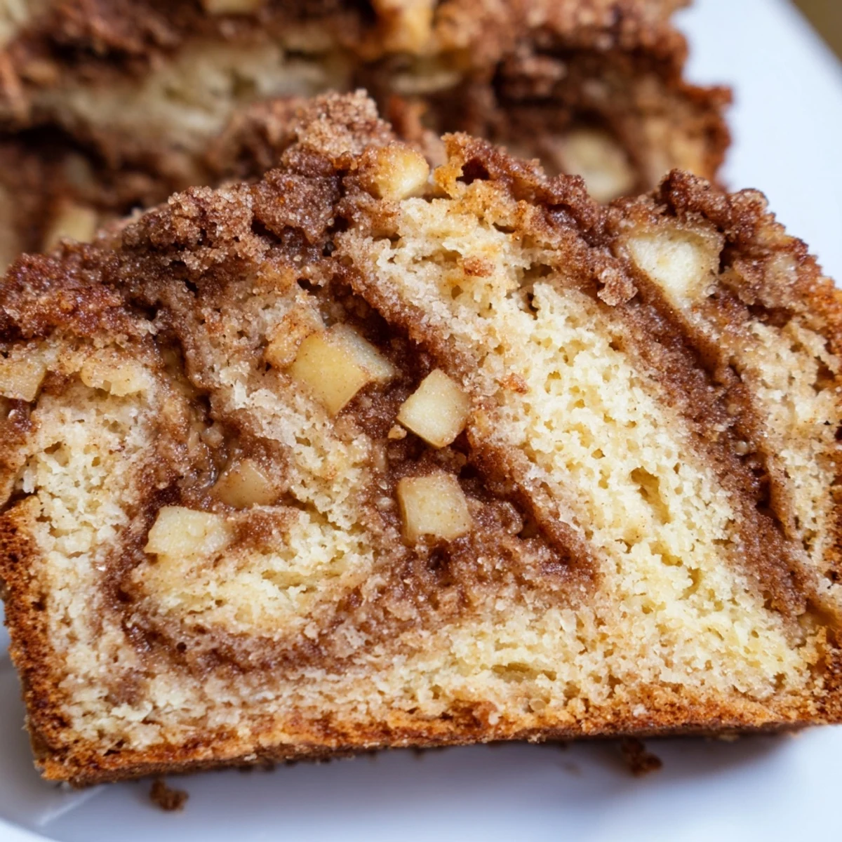Slice of moist cinnamon apple bread revealing tender apple pieces and cinnamon swirl on a white plate