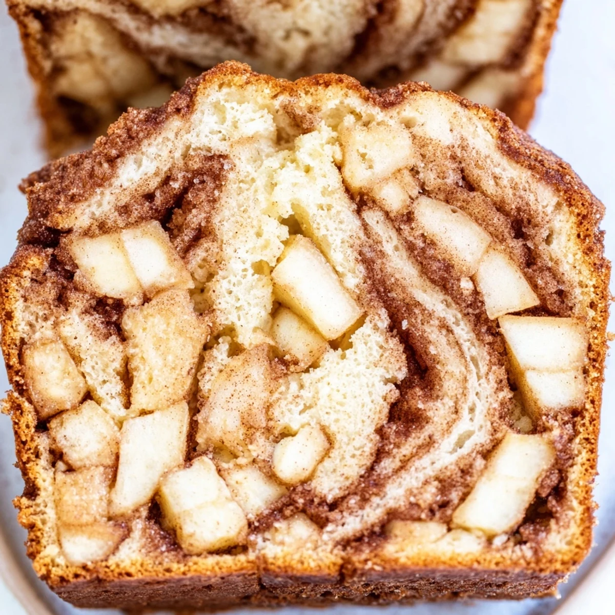 Freshly baked cinnamon apple bread with cracked crust showing specks of cinnamon and diced apples throughout