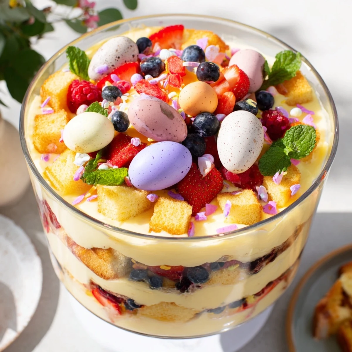 Layered Easter trifle dessert with sponge cake, custard, fresh berries, and whipped cream in a glass bowl