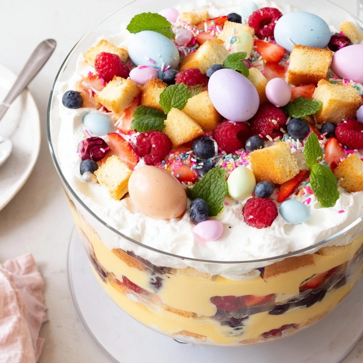 Festive Easter trifle showcasing golden custard, ruby strawberries, fluffy cream, and chocolate egg garnish