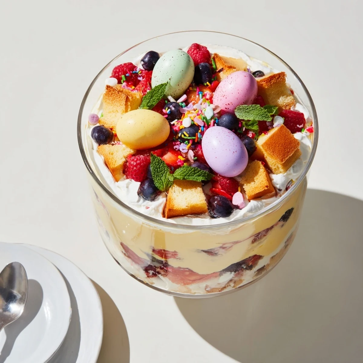 Glass trifle bowl filled with alternating layers of vanilla custard, mixed berries, and cake
