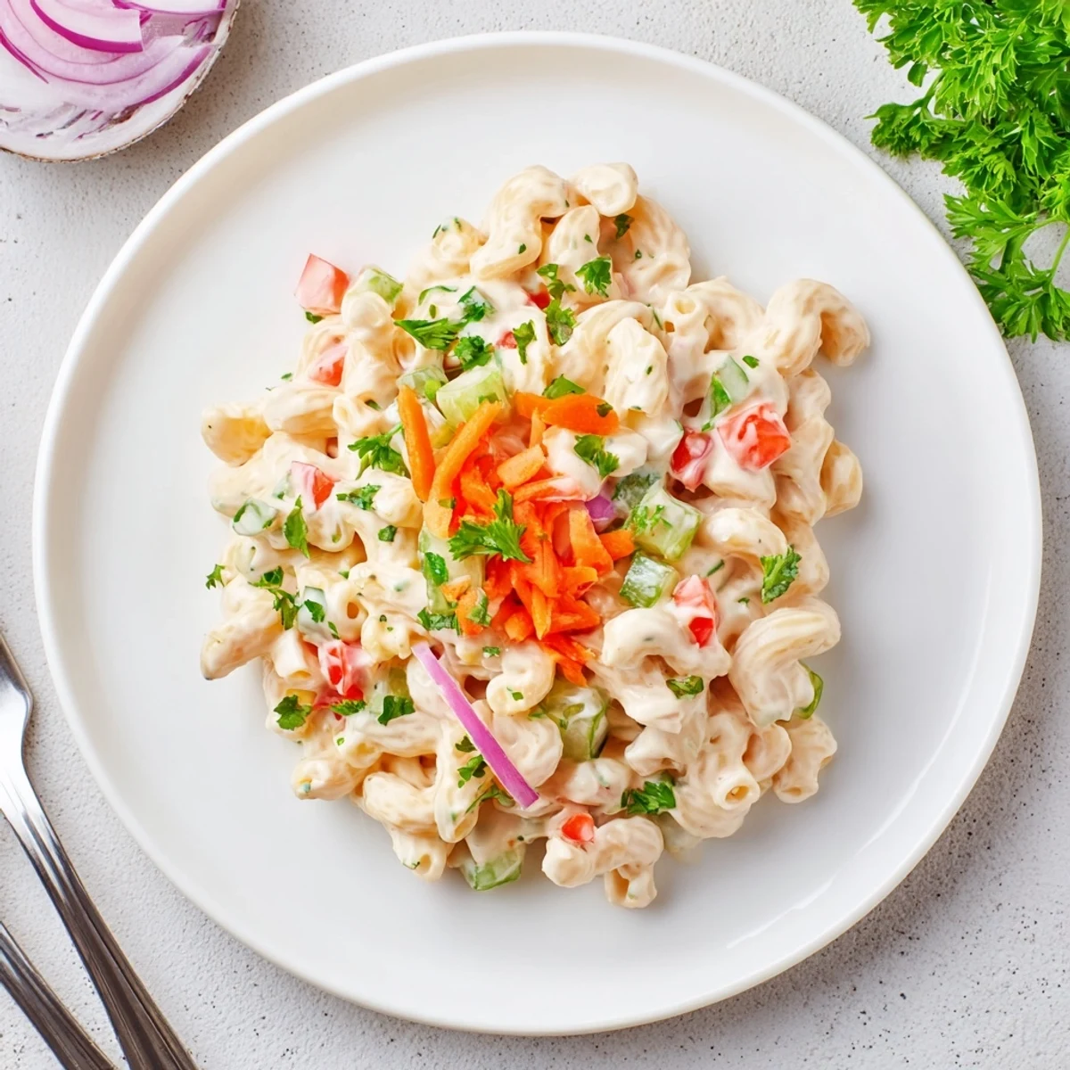 Chilled creamy macaroni salad scoop showcasing red bell pepper celery and red onion mix