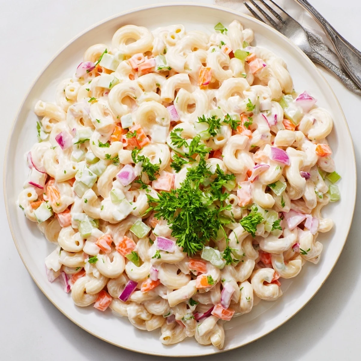Classic American macaroni salad featuring tender pasta elbows coated in rich tangy dressing with crunchy peppers