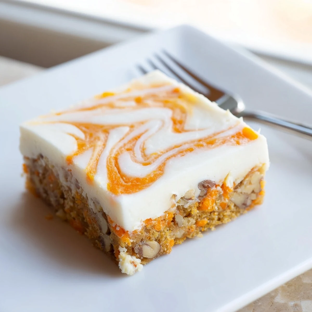 Golden carrot cake bars swirled with creamy cheesecake layer topped with grated carrot