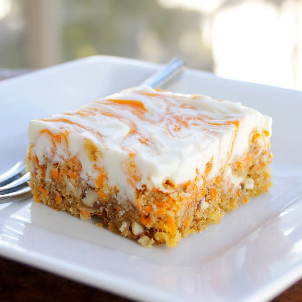 Square carrot cake cream cheese bars with marbled layers and chopped walnut garnish