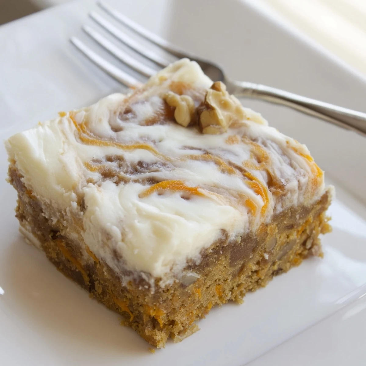 Moist carrot cake dessert bars featuring swirled cream cheese filling on white plate