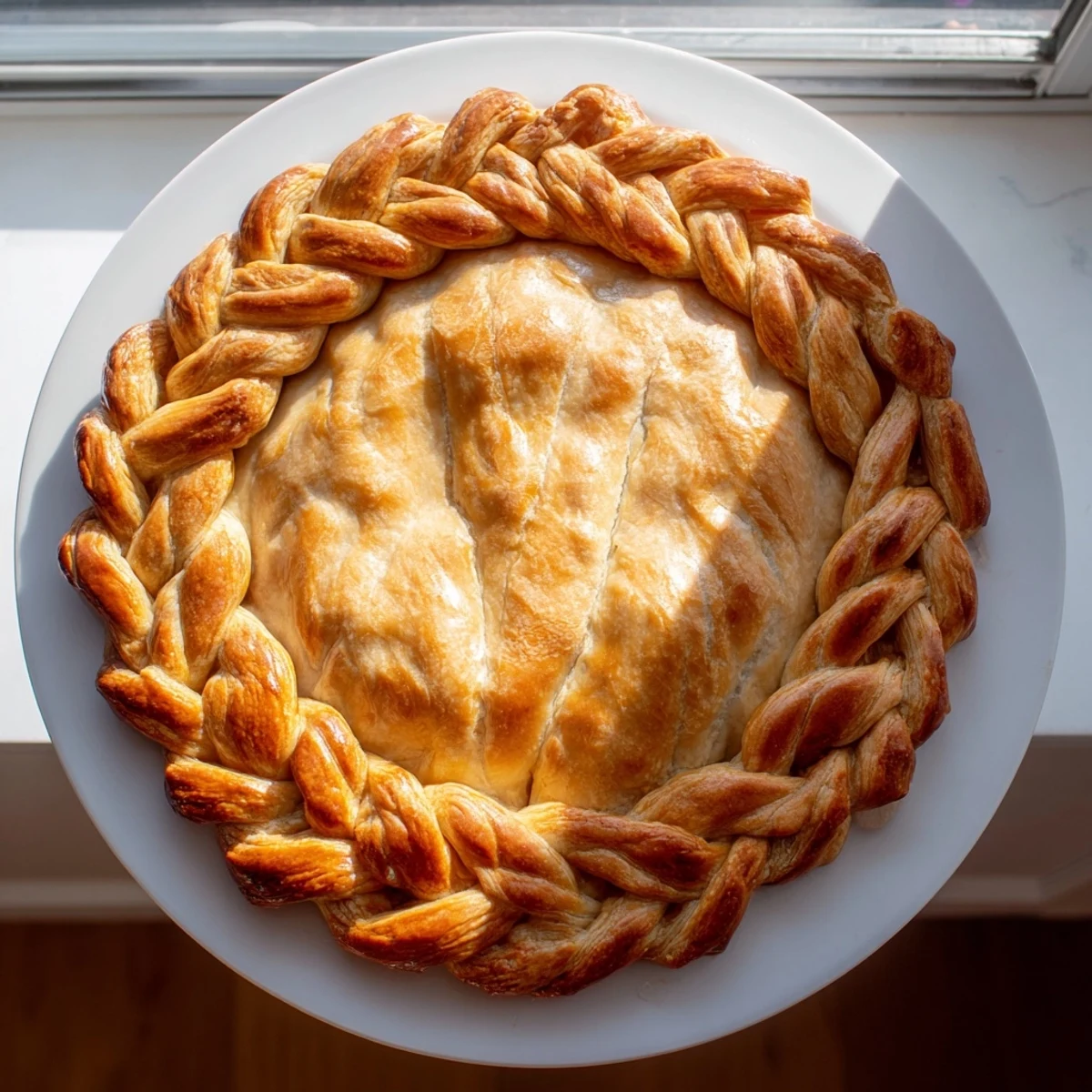 Golden fishtail braid pie crust woven around a fruit pie with shiny egg wash finish