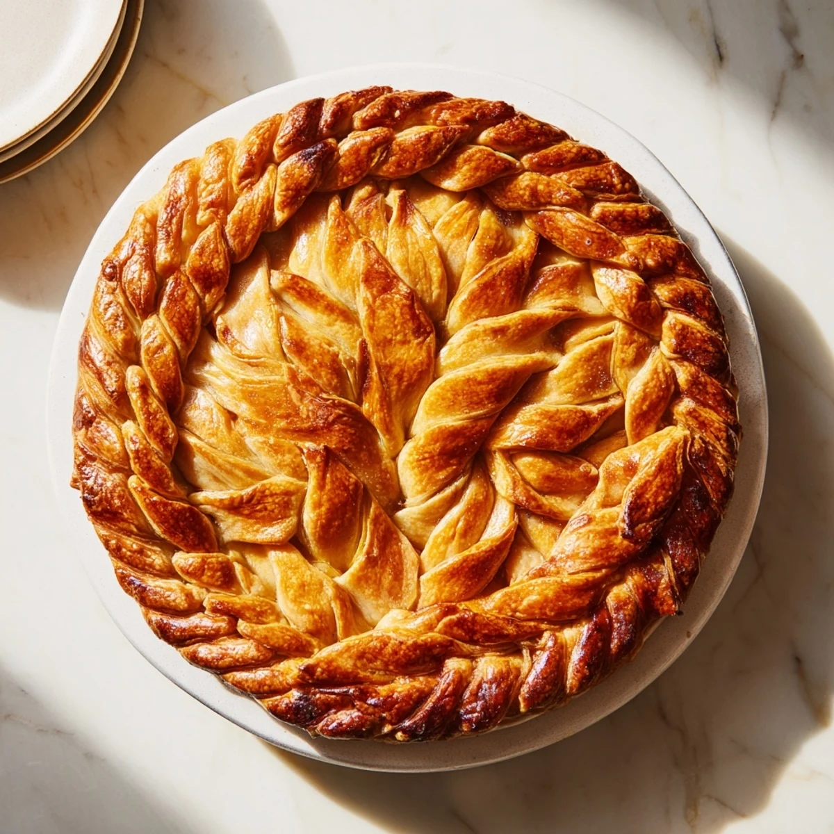Intricate braided pastry edge decorates a homemade pie with golden brown woven dough pattern