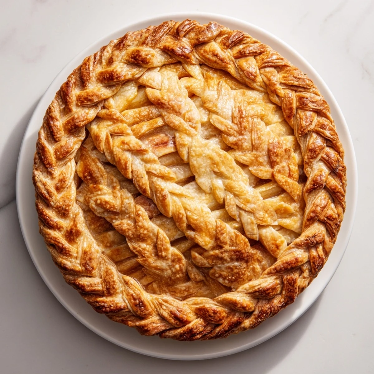 Close-up of woven fishtail dough strips forming an elegant decorative crust on a baked pie